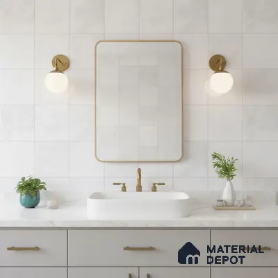 Modern bathroom with matte white wall tiles and marble-look countertop