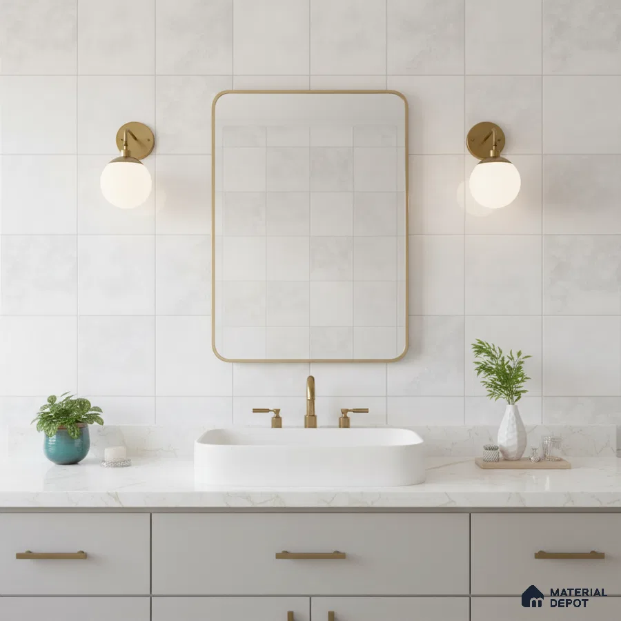 Modern bathroom with matte white wall tiles and marble-look countertop