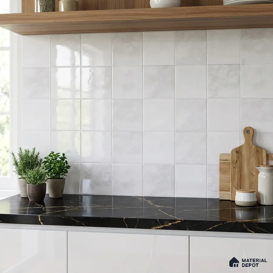 Modern kitchen with white square wall tiles, black marble-look countertop, and white gloss cabinets