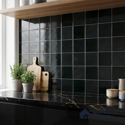 Modern kitchen with glossy black square backsplash tiles and black marble countertop with gold veins