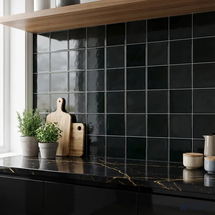 Modern kitchen with glossy black square backsplash tiles and black marble countertop with gold veins