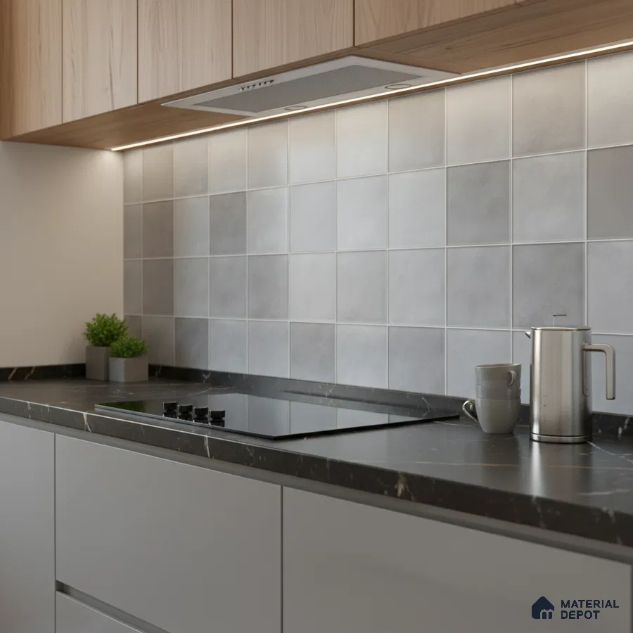 Modern kitchen with light grey square backsplash tiles, black marble countertop, and wood grain laminate cabinets