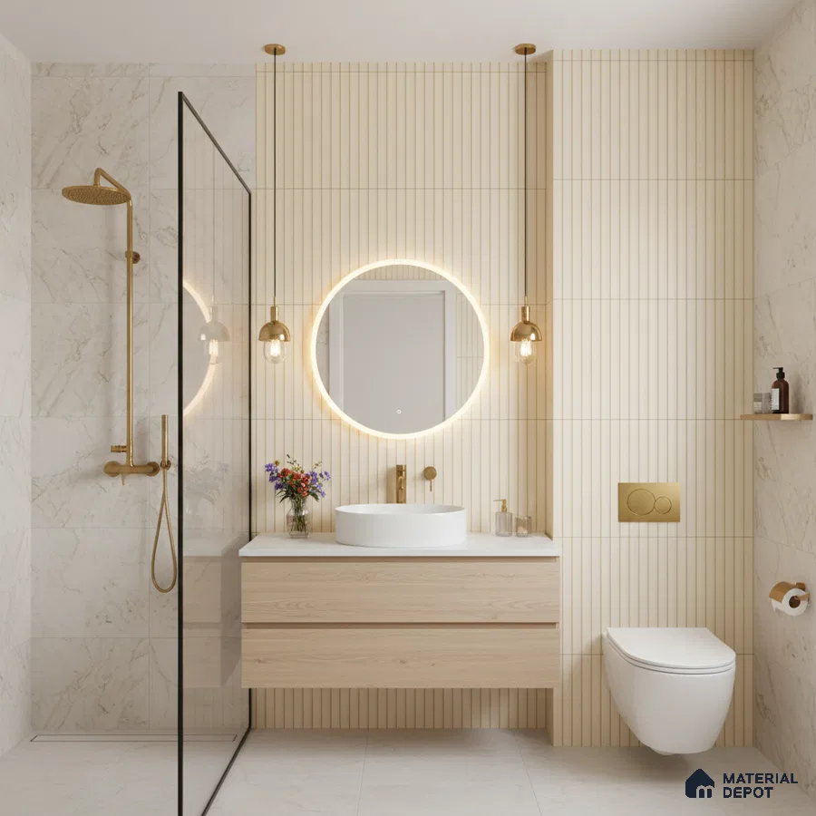 Scandinavian bathroom with beige fluted wall tiles, light wood vanity, and marble-look wall tiles