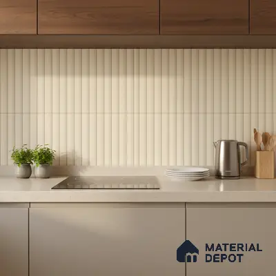 Modern kitchen with beige fluted backsplash tile, taupe matte laminate cabinets, and walnut wood laminate overheads
