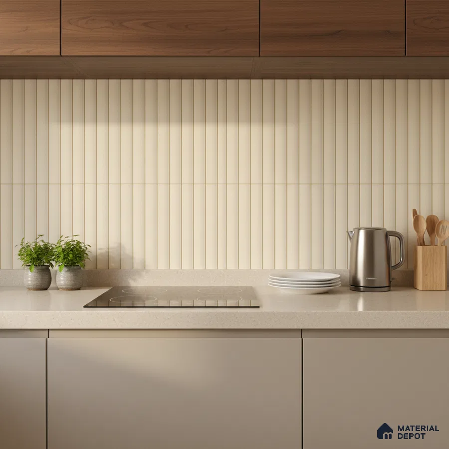 Modern kitchen with beige fluted backsplash tile, taupe matte laminate cabinets, and walnut wood laminate overheads