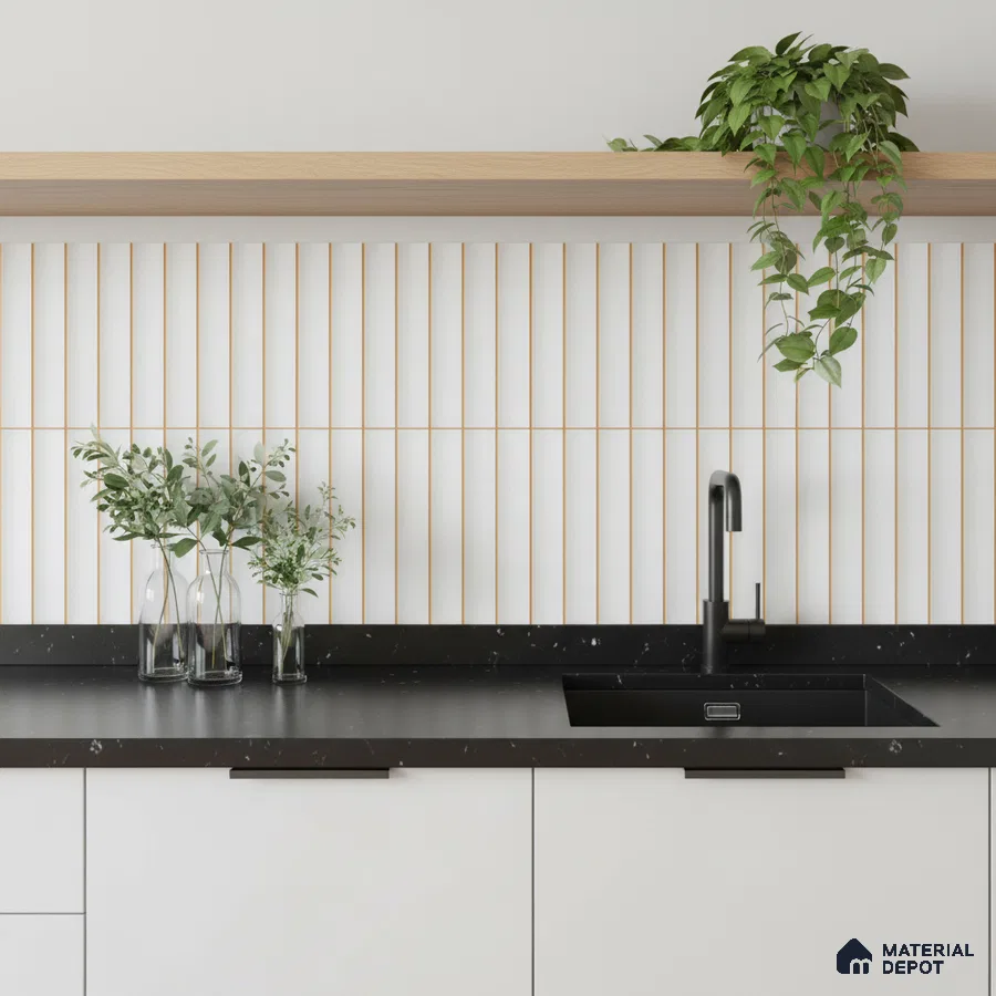 Minimalist kitchen with white vertical kitkat backsplash tile, black quartz countertop, and light oak open shelf