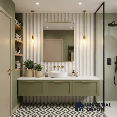 Modern bathroom with sage green vanity, fluted white wall tiles, and geometric black-and-white floor tiles