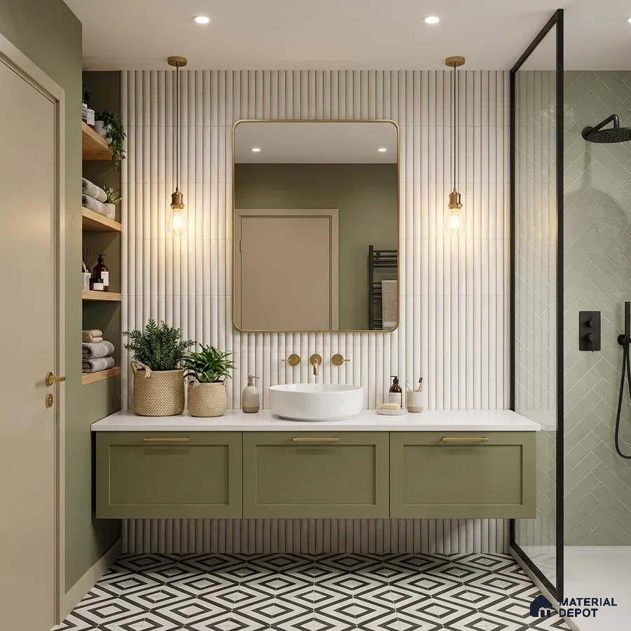Modern bathroom with sage green vanity, fluted white wall tiles, and geometric black-and-white floor tiles