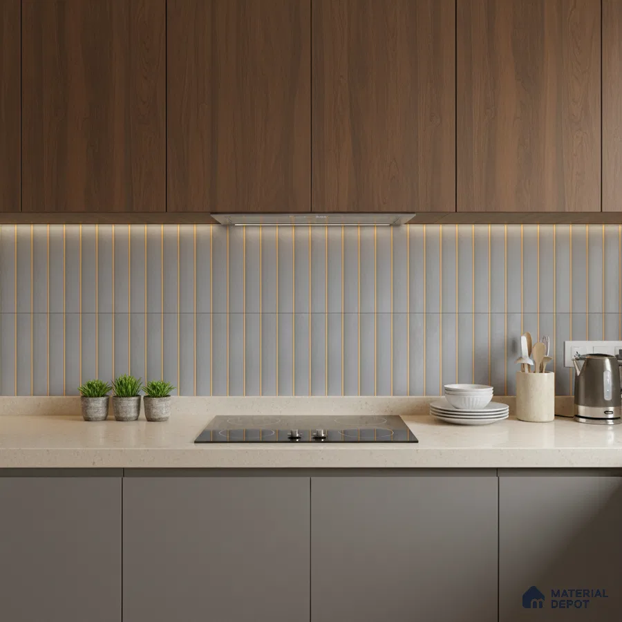 Modern kitchen with walnut brown wood laminate, grey vertical kitkat backsplash tile, and beige quartz countertop