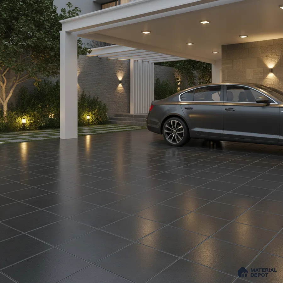 Modern parking with matte charcoal grey floor tiles and stone cladding accent wall