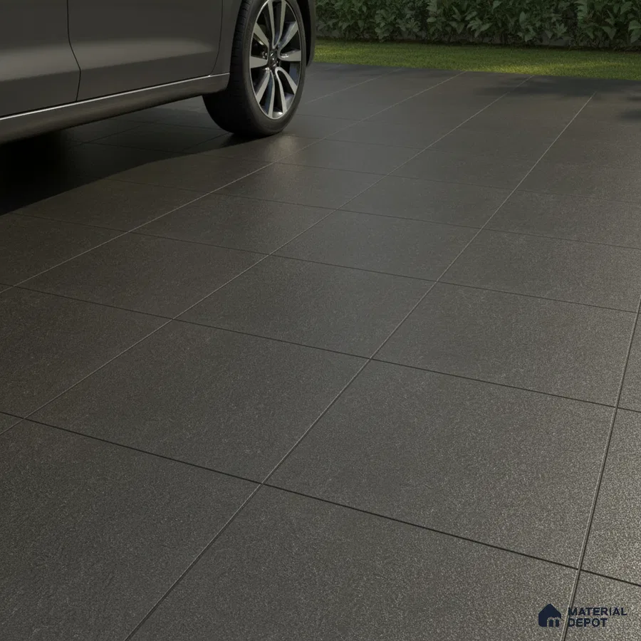 Modern parking area with matte charcoal grey floor tiles