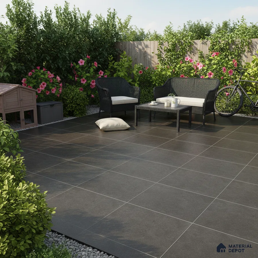 Modern outdoor patio with charcoal grey stone-look floor tiles and rattan furniture