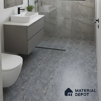 Modern bathroom with grey stone wall tiles and blue-grey marble floor tiles