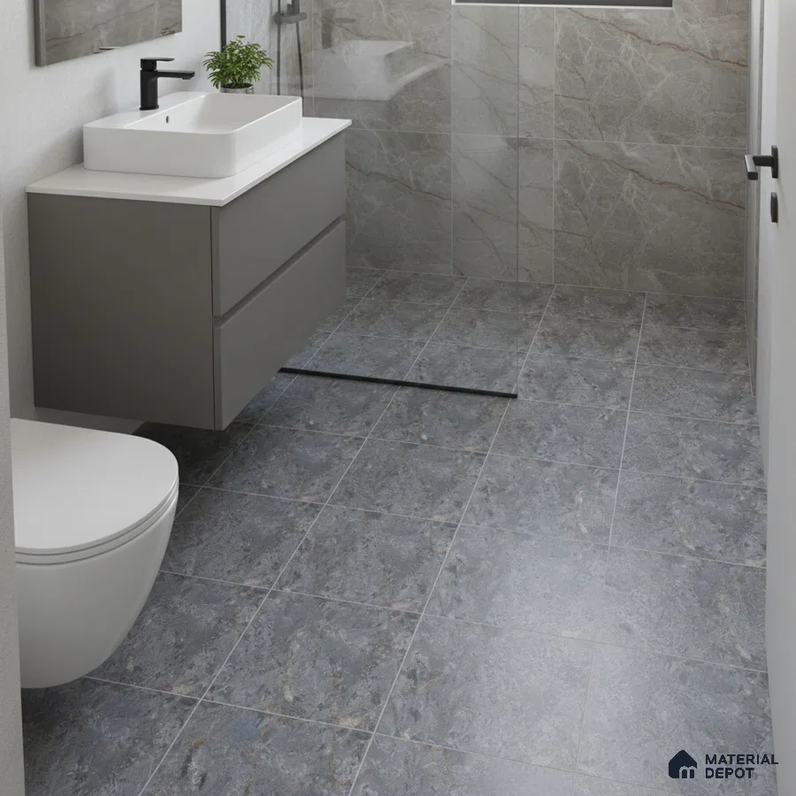 Modern bathroom with grey stone wall tiles and blue-grey marble floor tiles