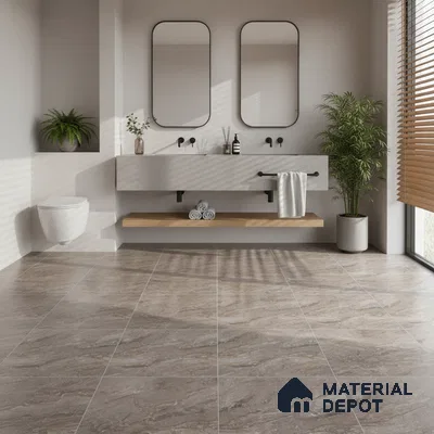 Minimalist bathroom with beige stone-look floor tiles and floating vanity
