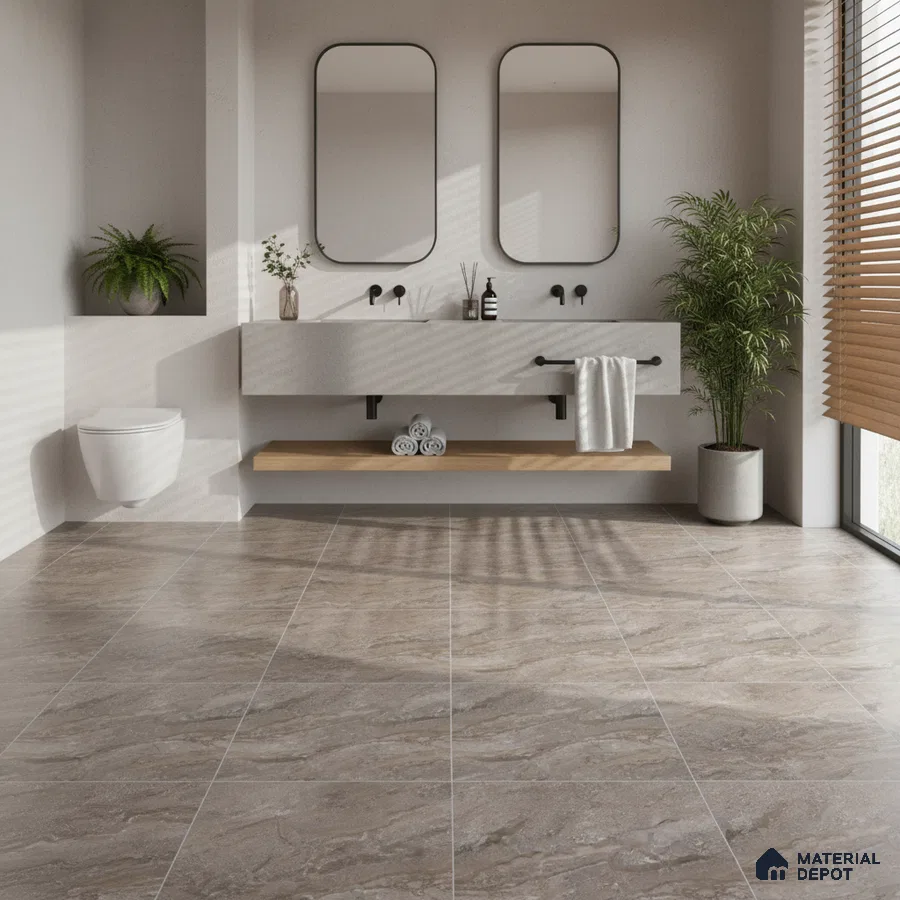 Minimalist bathroom with beige stone-look floor tiles and floating vanity