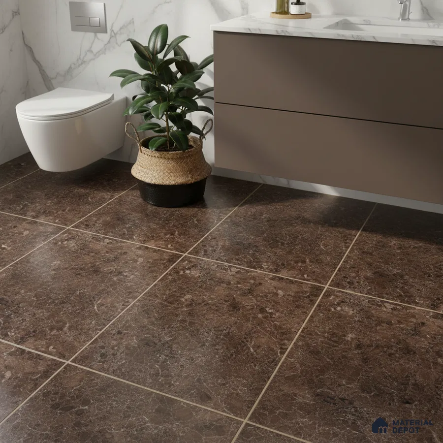 Modern bathroom with brown marble floor tiles, white marble wall tiles, and taupe matte vanity