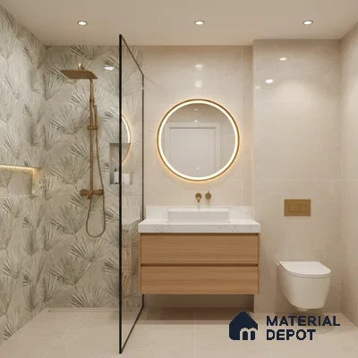 Modern bathroom with beige marble-look tiles, tropical leaf highlighter wall tile, and light oak vanity