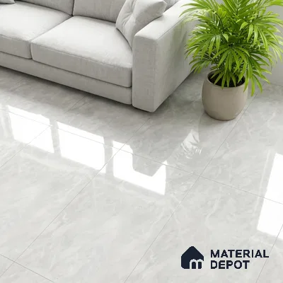 Minimalist living room with light grey marble-look floor tiles and fabric sofa