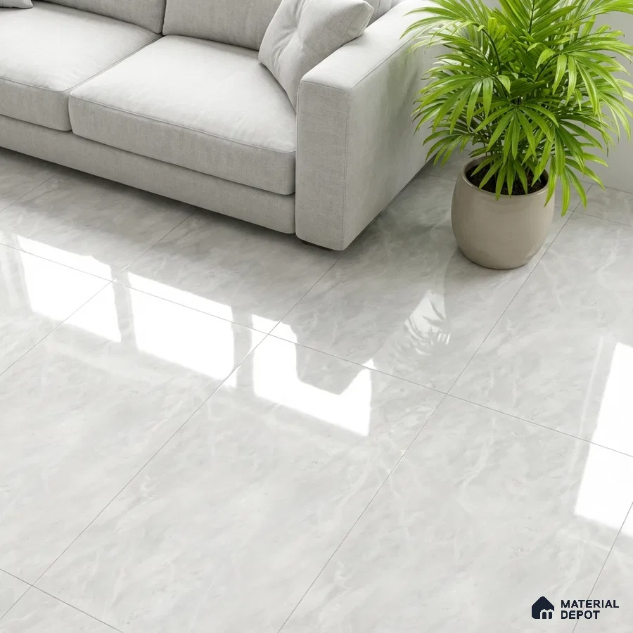 Minimalist living room with light grey marble-look floor tiles and fabric sofa