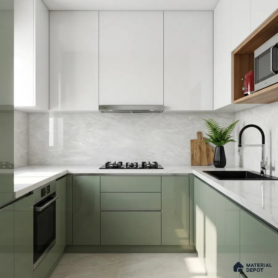 Modern dual tone kitchen with sage green and frosty white high gloss laminate, white marble-look backsplash and countertop