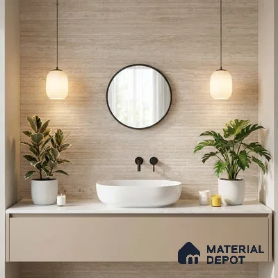 Minimalist bathroom with beige fluted wall tile and matte beige vanity