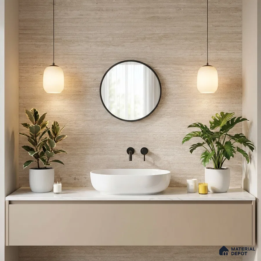 Minimalist bathroom with beige fluted wall tile and matte beige vanity