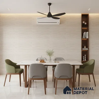 Modern dining room with marble top table, beige stone wall tiles, and wooden shelving
