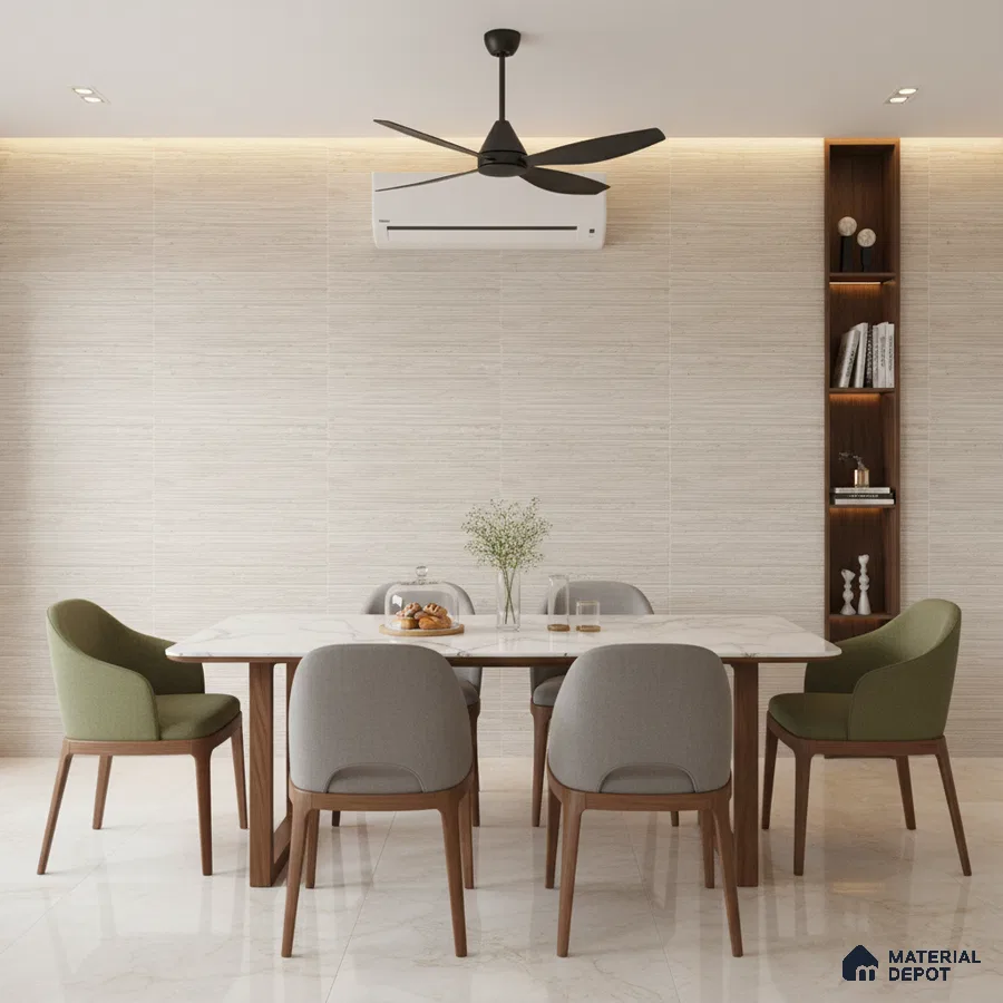 Modern dining room with marble top table, beige stone wall tiles, and wooden shelving