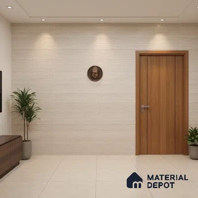 Modern foyer with beige textured wall tiles, wooden door, and large format beige floor tiles