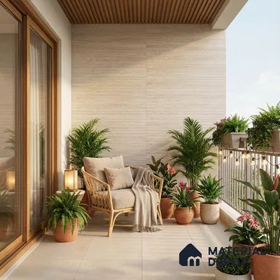 Scandinavian balcony with beige stone wall tiles, wooden louver ceiling, and neutral floor tiles