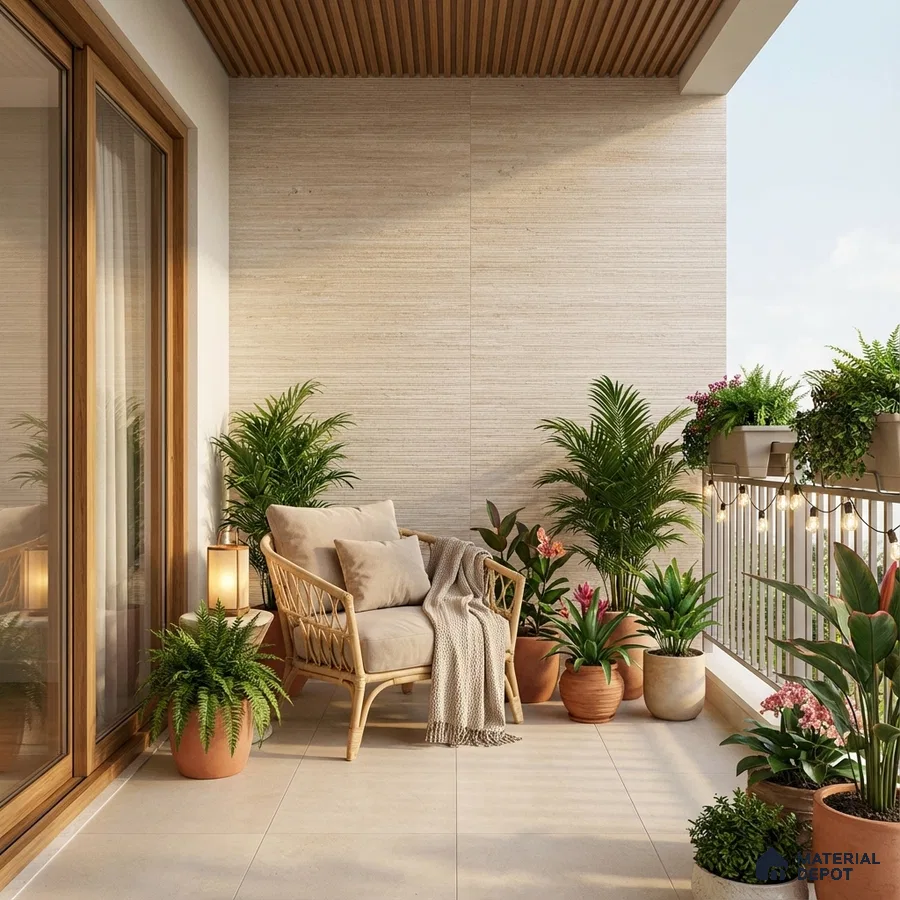 Scandinavian balcony with beige stone wall tiles, wooden louver ceiling, and neutral floor tiles