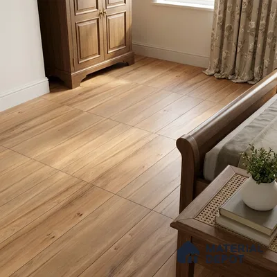 Scandinavian Bedroom with Warm Oak Wood-Look Floor Tile