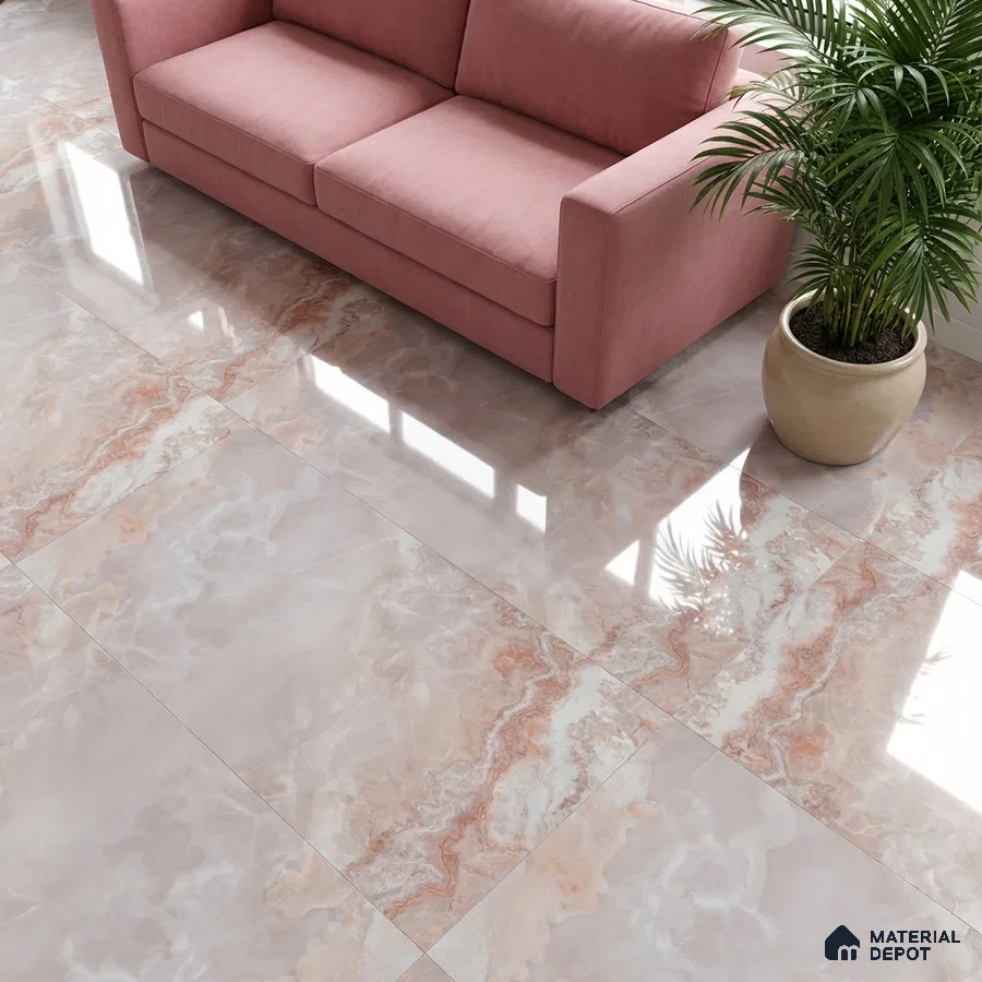 Modern living room with blush pink sofa and glossy beige marble floor tiles