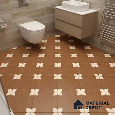 Modern bathroom with beige wood-look wall tiles and terracotta floral patterned floor tiles