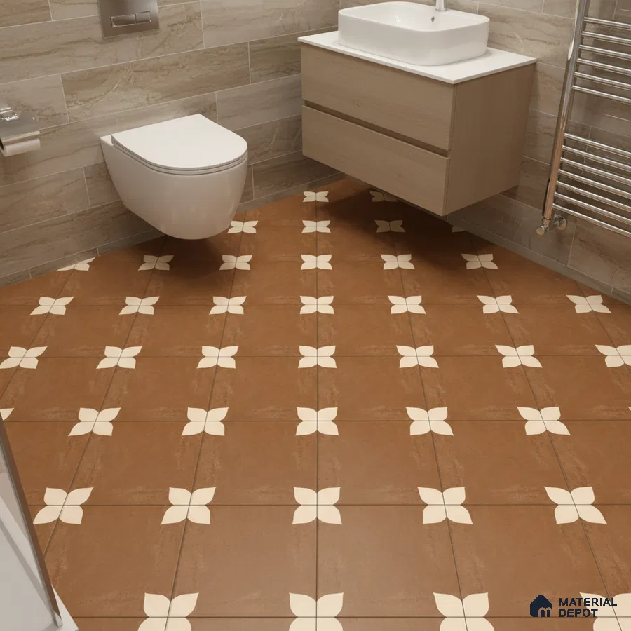 Modern bathroom with beige wood-look wall tiles and terracotta floral patterned floor tiles