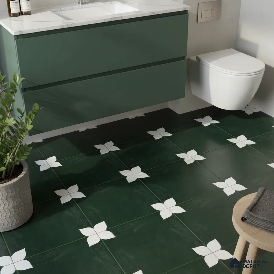 Modern bathroom with green laminate vanity and dark green floral patterned floor tiles