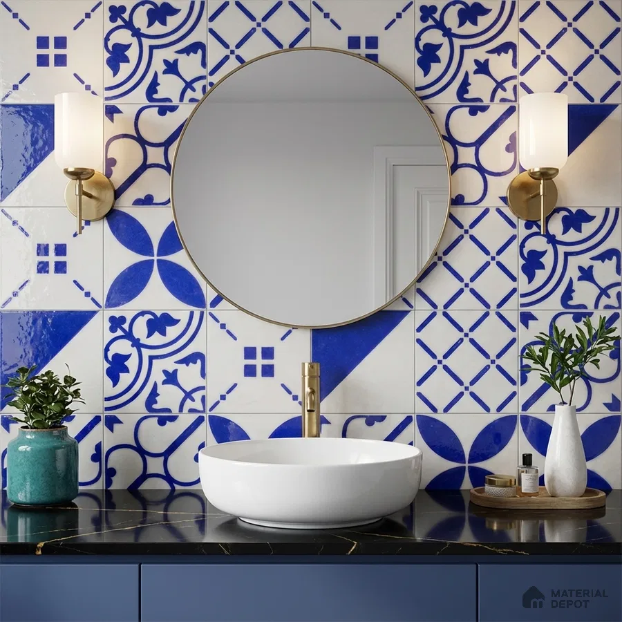 Mediterranean bathroom with blue and white patterned wall tiles and black quartz countertop