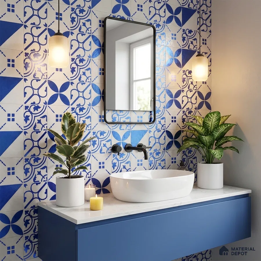 Modern bathroom with blue and white patterned wall tiles and blue laminate vanity