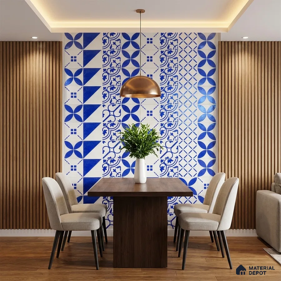Modern dining room with blue and white geometric patterned wall tiles and wood louver panels