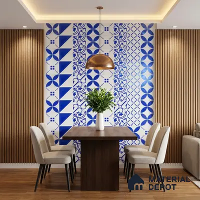 Modern dining room with blue and white geometric patterned wall tiles and wood louver panels