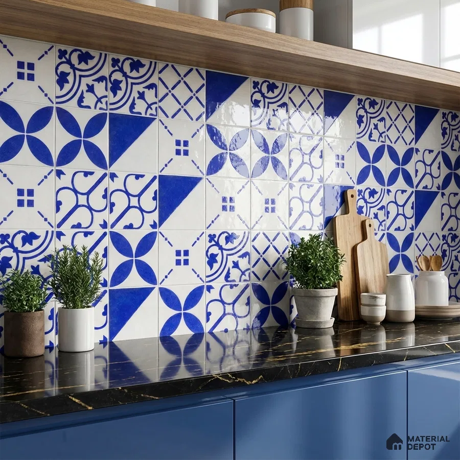 Mediterranean kitchen with blue patterned moroccan backsplash tiles and black quartz countertop