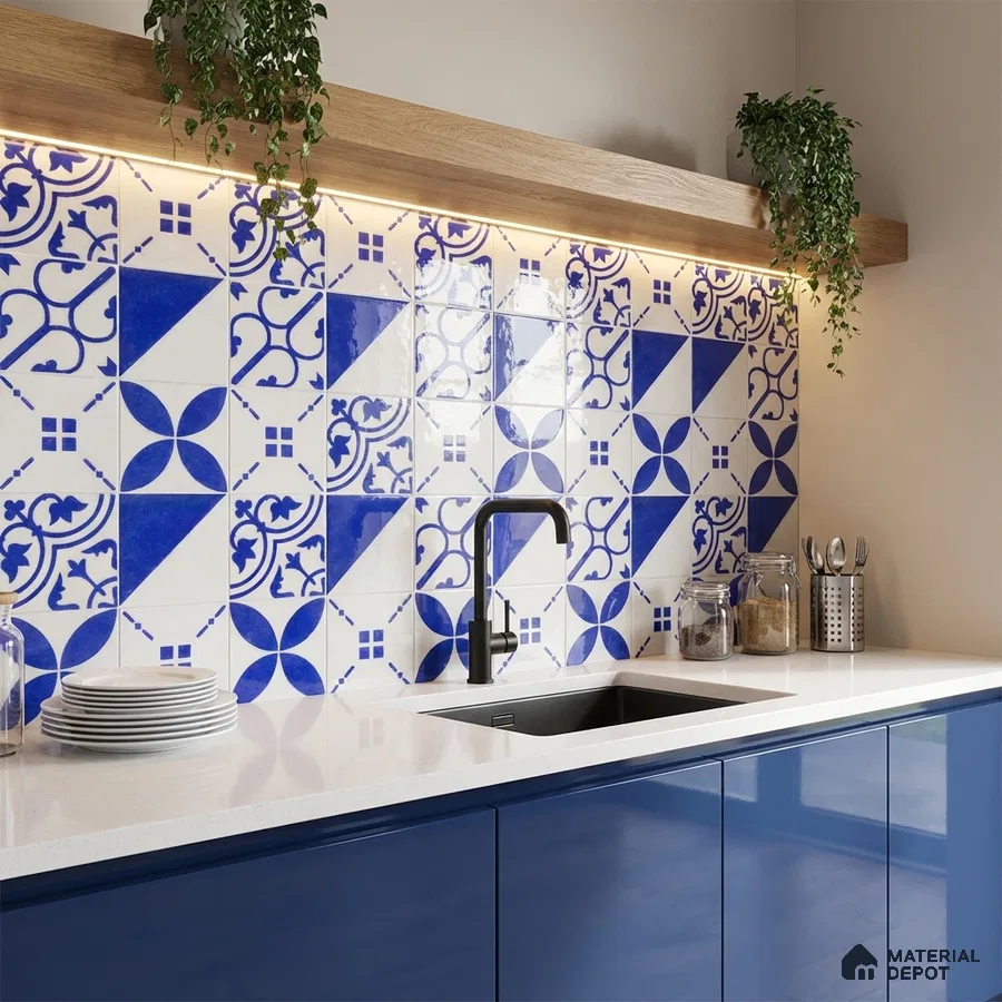 Modern kitchen with blue patterned backsplash tiles, glossy blue laminate cabinets, and white quartz countertop