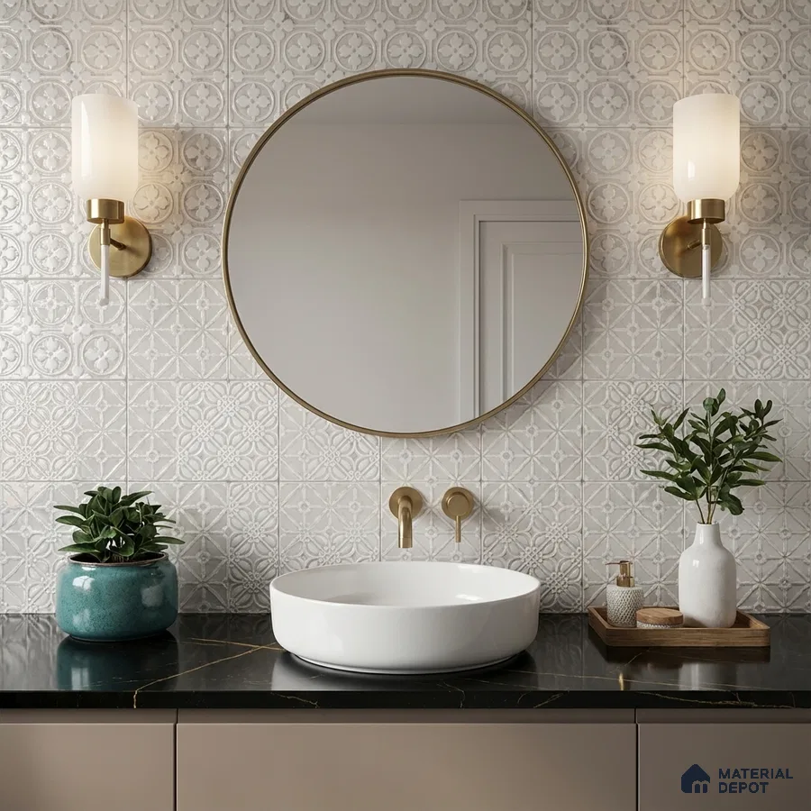 Modern bathroom with white patterned wall tiles and black quartz countertop