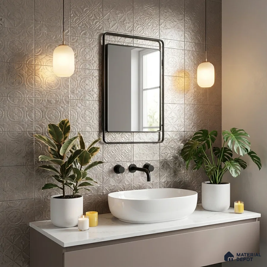 Modern bathroom with embossed metallic patterned wall tiles and white quartz countertop vanity