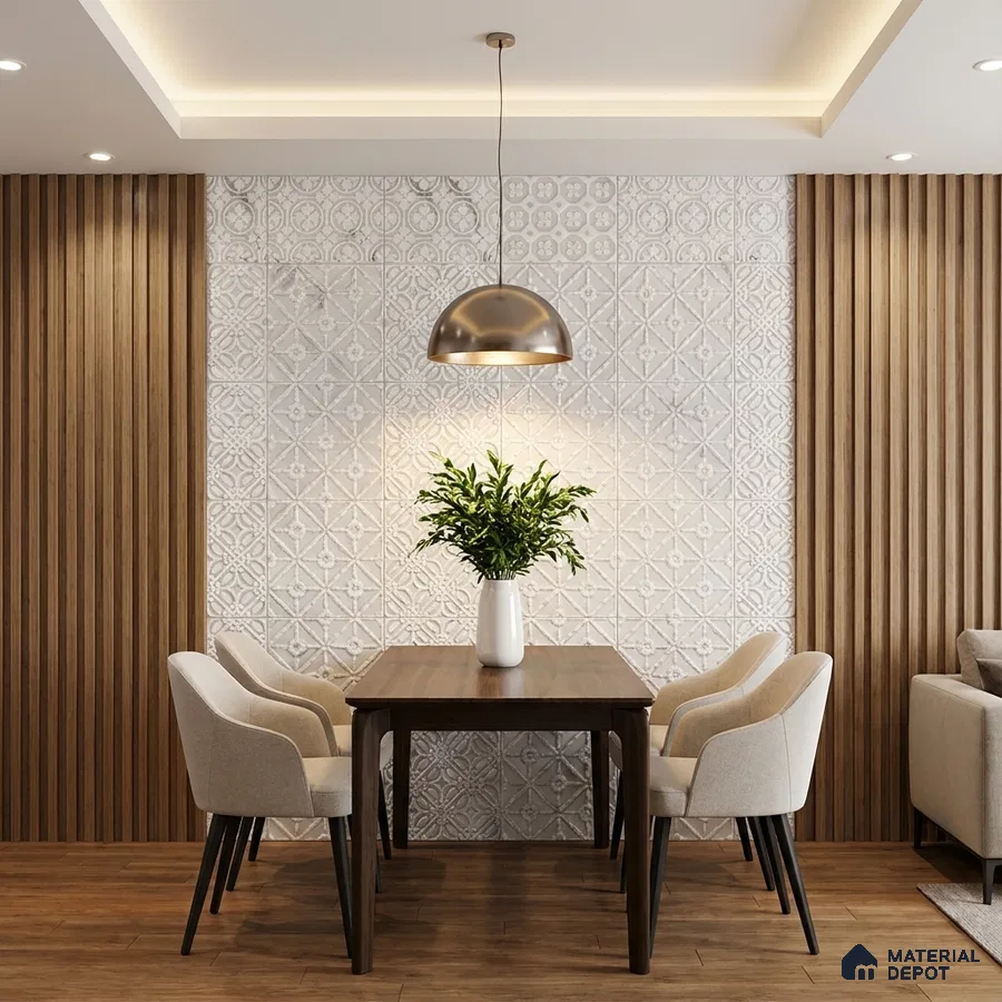 Scandinavian dining room with patterned white wall tiles, wood slat panels, and wooden flooring