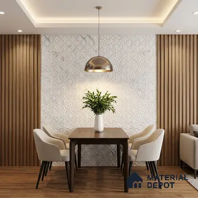 Scandinavian dining room with patterned white wall tiles, wood slat panels, and wooden flooring
