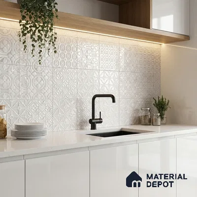 Modern kitchen with white patterned backsplash tile and glossy white laminate cabinets