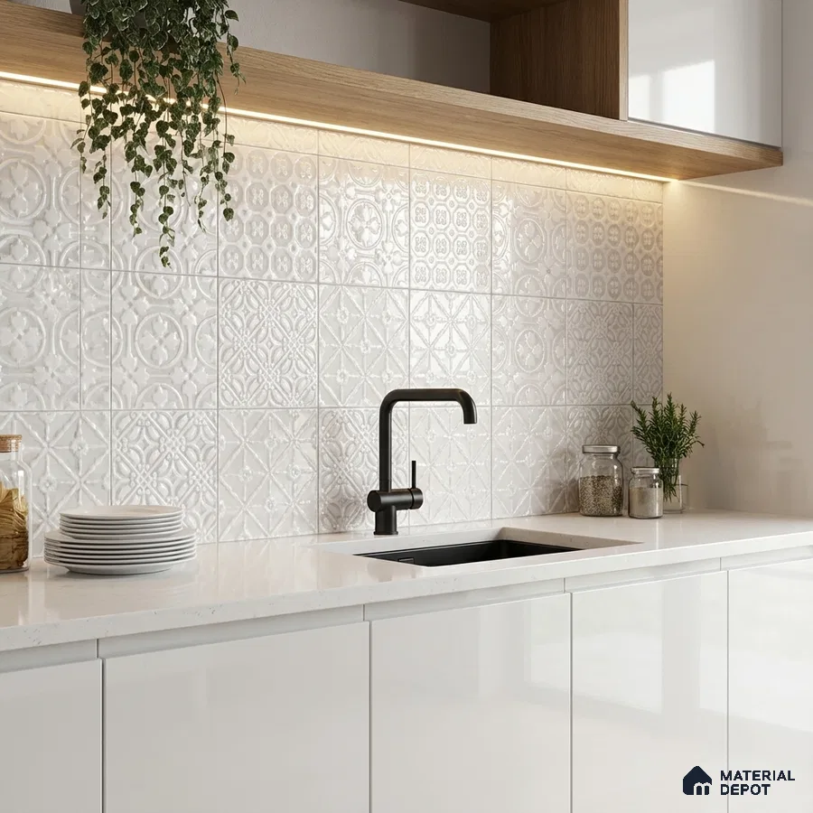 Modern kitchen with white patterned backsplash tile and glossy white laminate cabinets