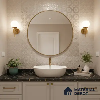 Modern bathroom with patterned beige wall tiles and black quartz countertop